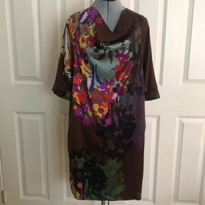Zenggi Of Amsterdam Brown Silk Floral Print Dress with Cowl Neck Size S